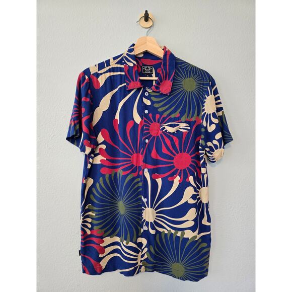 Dark Seas Rayon Floral Button-Up Shirt S Bold Blue Red Green Vintage Statement - Picture 1 of 7